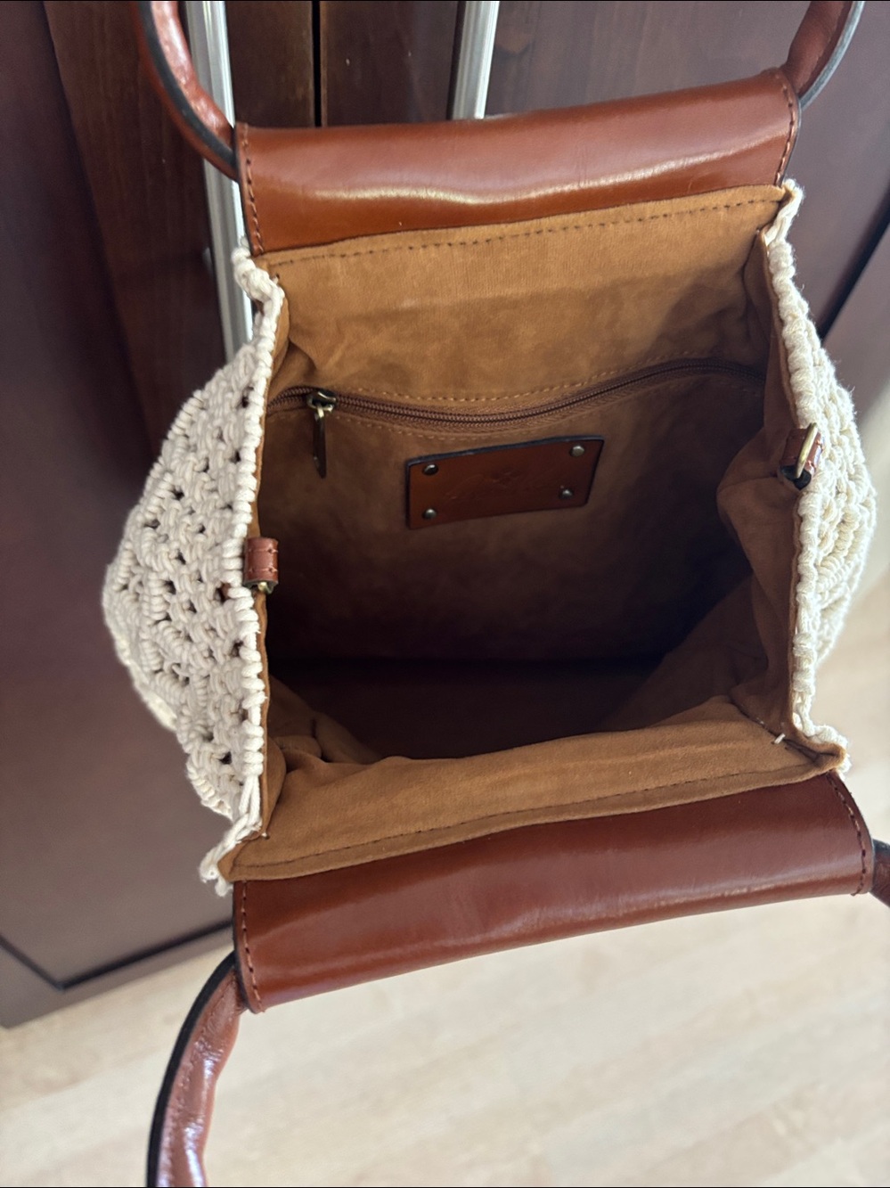 Patricia Nash Geraldine Cream Crochet Shoulder Bag with Brown Leather Handle - Picture 3 of 9